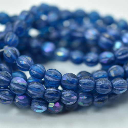 10 Beads - Faceted Melon 6mm - Matte Pacific Blue Purple Luster Wash - Czech Glass