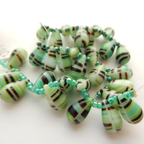 10 Beads - 15x10mm Drop Top-drill - Green, Black, White Stripe - Czech Glass