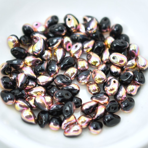 50 Beads - 4x6mm Teardrop, Jet Pink, Gold - Czech Glass