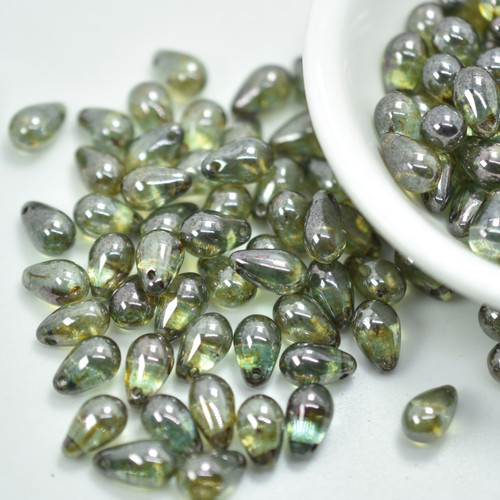 50 Beads - 6x9mm Drop Top-Hole - Crystal Lazure Blue Green Lumi - Czech Glass