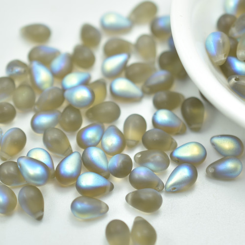 50 Beads - 6x9mm Teardrop Top-Hole - Black Diamond Matte AB - Czech Glass