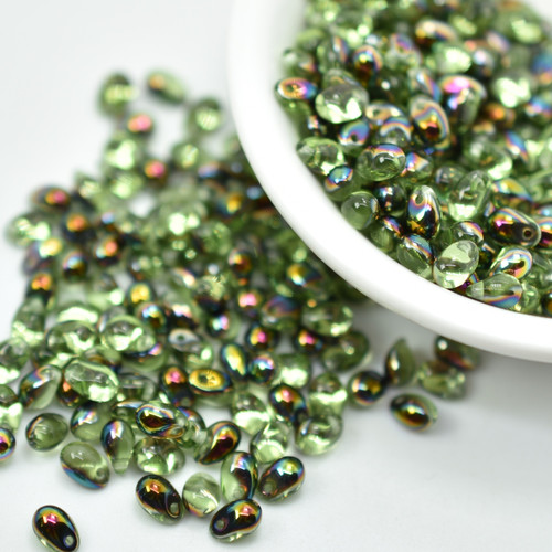 50 Beads - 4x6mm Teardrop, Green Vitrail - Czech Glass