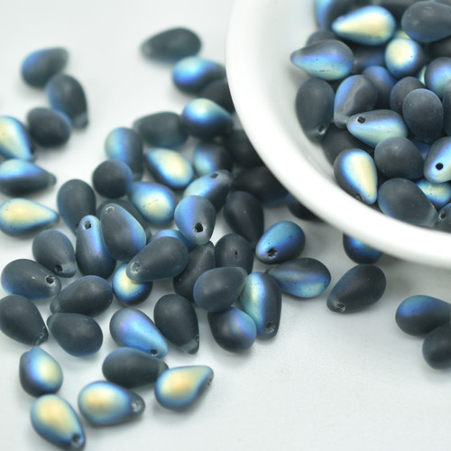 50 Beads - 6x9mm Teardrop Top-Hole - Montana Blue Matte AB - Czech Glass