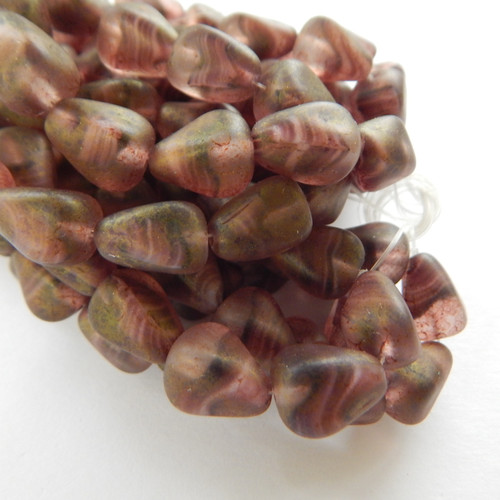 6 Beads - 12x10mm Old Style Drop Purple Pink Matte Stripe - Czech Glass