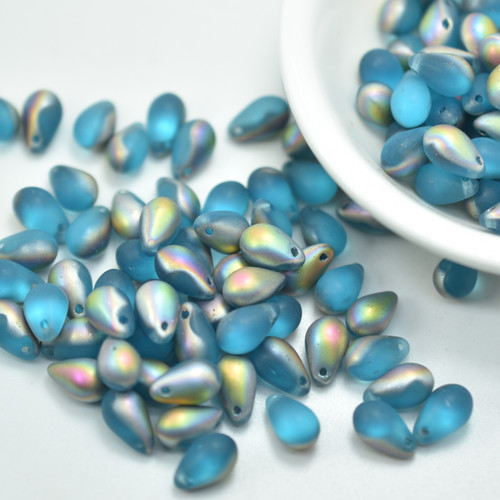 50 Beads - 6x9mm Teardrop Top-Hole - Aquamarine Matte Vitrail - Czech Glass