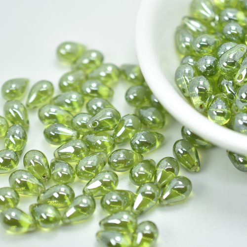 50 Beads - 6x9mm Drop Top-Hole - Olivine White Luster Lumi - Czech Glass