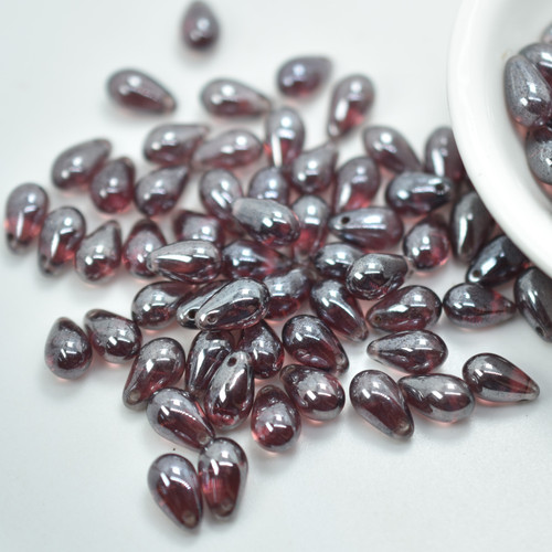 50 Beads - 6x9mm Drop Top-Hole - Amethyst White Luster Lumi - Czech Glass