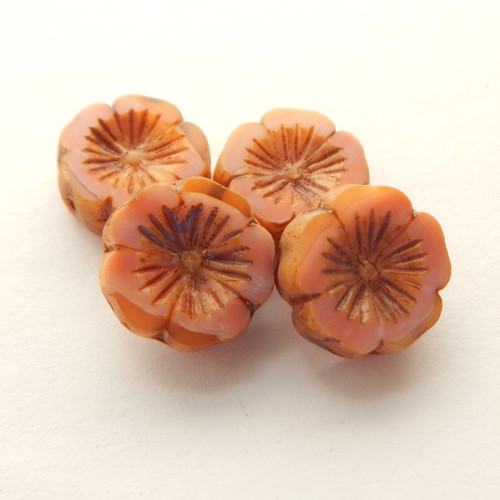 4 Beads - 14mm Hawaiian Flower - Pink Topaz Mix - Czech Glass beads