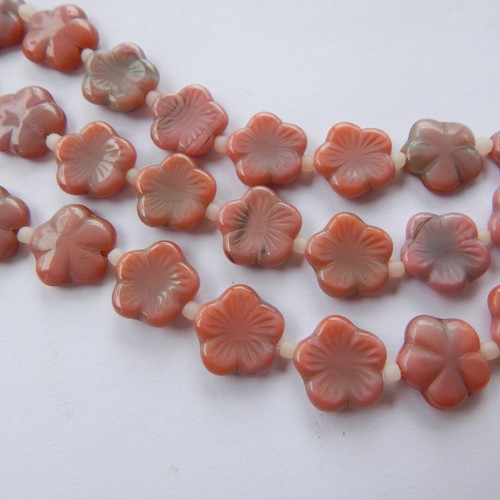 14mm Flat Flower Pink and Gray (10 beads) Czech Glass Beads