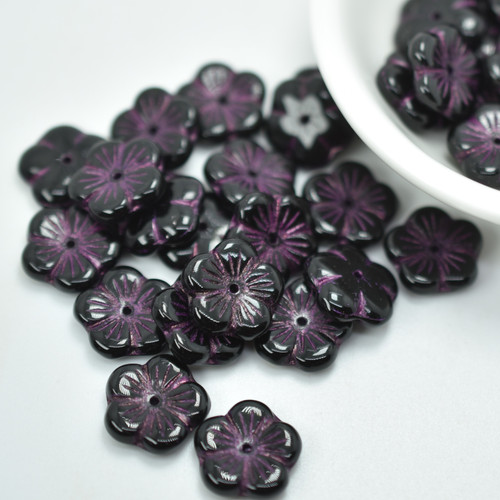 14mm Flat Flower Center Hole (10 beads) Jet, Pink Inlay - Czech Glass