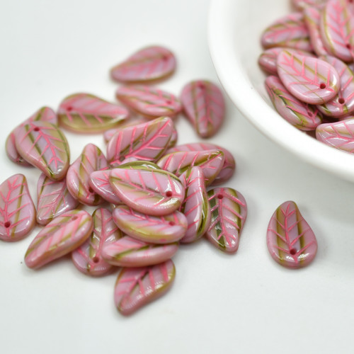 25 Beads - 14x9mm Leaf Top-Hole - Pink, Green, Pink Inlay - Czech Glass Beads