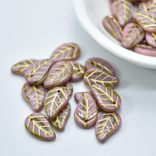 25 Beads - 14x9mm Leaf Top-Hole - Opaque Pink, Green Stripe, Gold Vein - Czech Glass Beads