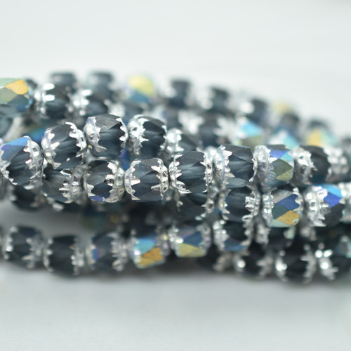 6mm Crown Cathedral - 15 Beads - Cadet Blue AB, Silver - Czech Glass