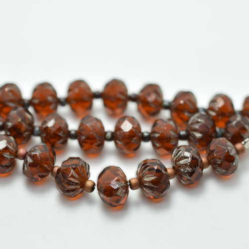 7x11mm Cruller Smoky Topaz Picasso, 5 Beads, Czech Glass