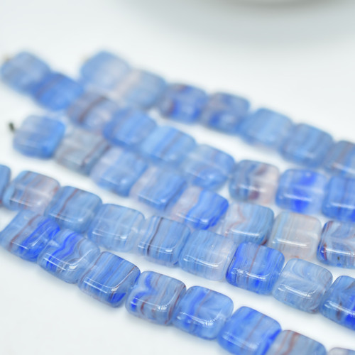 9mm Square Blue White Red Stripe, 20 Beads, Pressed Czech Glass