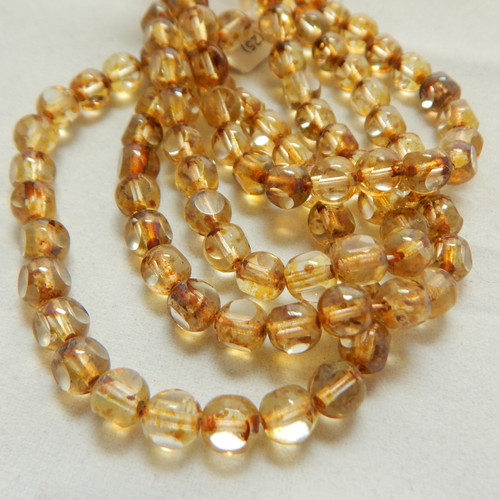 6mm Round 3 Sided Czech Glass Beads Transparent Picasso (25 beads)