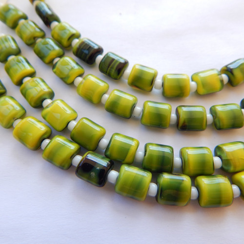 7mm Puffy Pillow Yellow Black Stripe (10 beads) Czech Glass