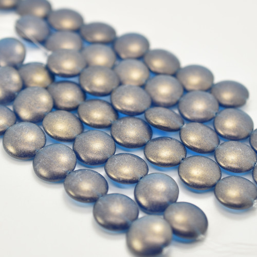6 Beads - 14mm Cushion Round - Sueded Gold Capri Blue - Czech Glass