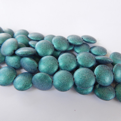 6 Beads - 14mm Cushion Round - Satin Metallic Turquoise - Czech Glass