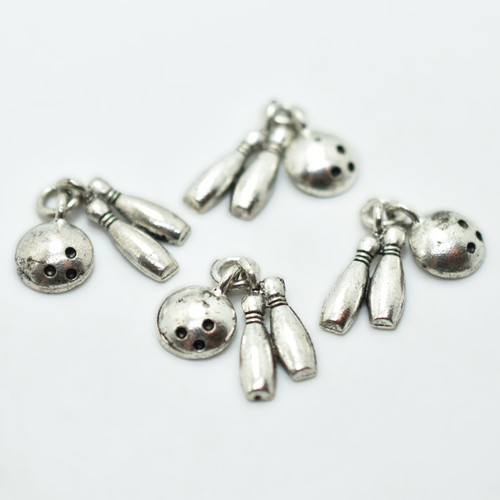 Bowling Pin and Ball Charm, Silver Plated Antiqued, 6 Piece