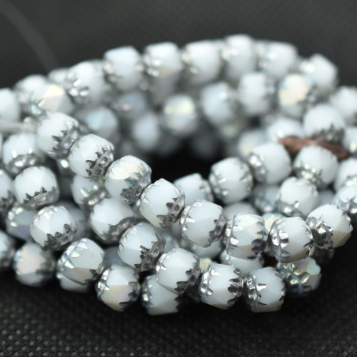 6mm Crown Cathedral - 15 Beads - White with AB/Silver - Czech Glass