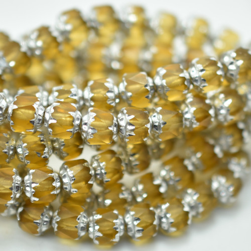 6mm Crown Cathedral - 15 Beads - Yellow, Light Topaz, Silver - Czech Glass