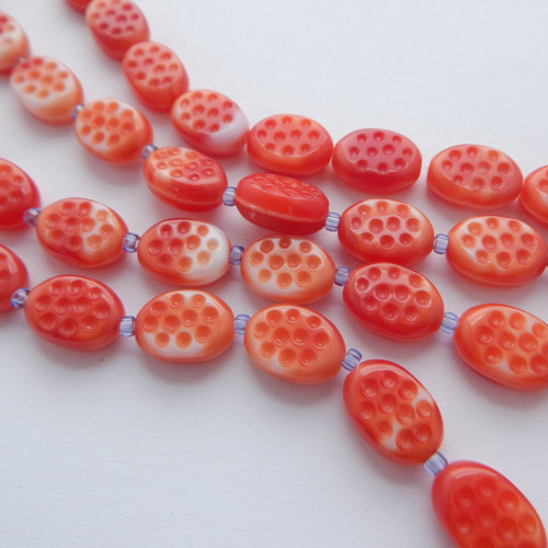 10x14mm Dimpled Oval Pressed Red White Pressed Czech Glass (10 beads)