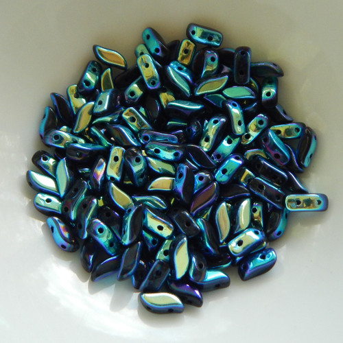50 Beads - StormDuo 3x7mm 2-Hole S-Shaped Jet Full AB Czech Glass