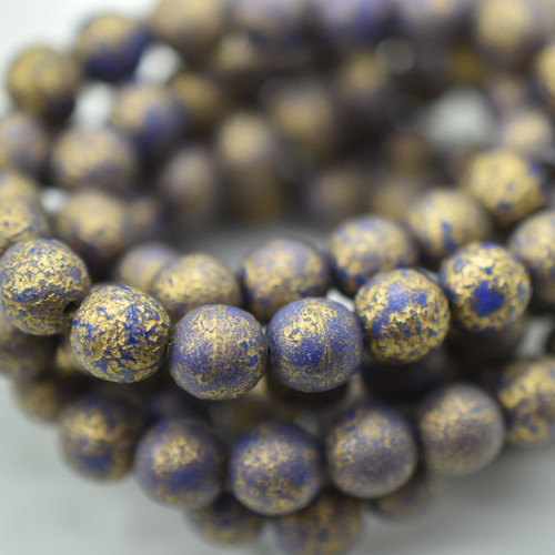 10 Beads - 8mm Druk Rounds, Indigo Etched, Gold Wash, Pressed Czech Glass