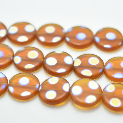 14mm Coin, Matte Topaz AB Dot, 15 Beads, Czech Glass