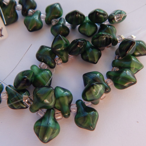 11x8mm Spade Green Black Stripe (10 beads) Czech Glass Beads
