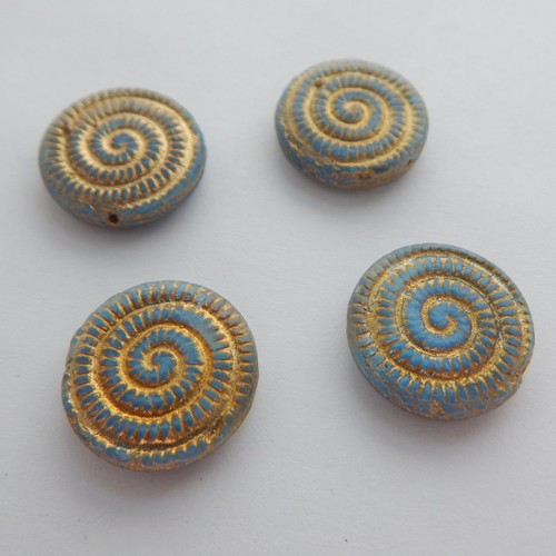 18mm Ammonite Fossil (2 beads) 2-Sided Matte Blue with Gold Bronze Pressed Czech Glass