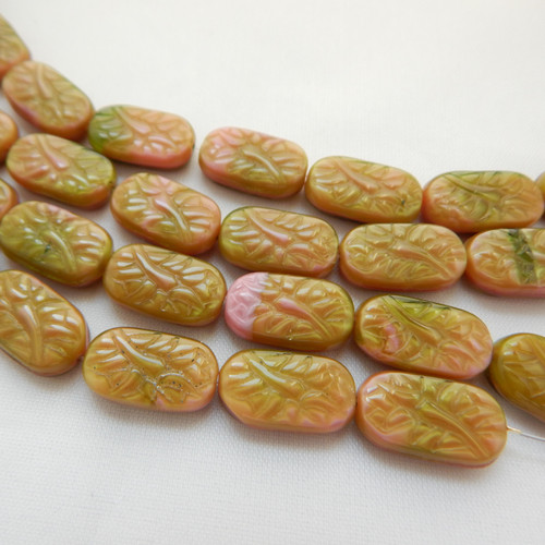 10x18 Oval Pressed Pink and Olive Pressed Czech Glass (8 beads)