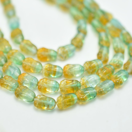 12x8mm Tulip, Peridot and Light Teal Stripe, Czech Glass, 24 Beads