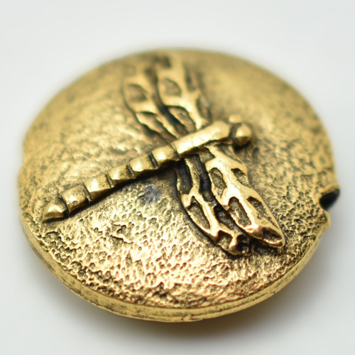 16mm Coin Bead Hammered Dragonfly, Pewter, Antiqued Gold Plate