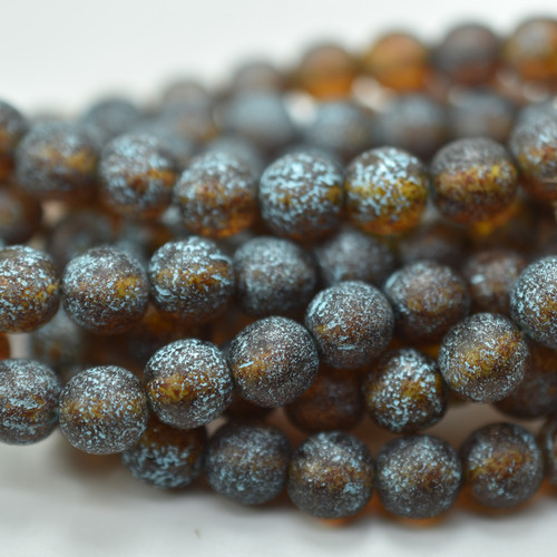 10 Beads - 8mm Druk Rounds, Amber Etched, Turquoise Picasso, Pressed Czech Glass