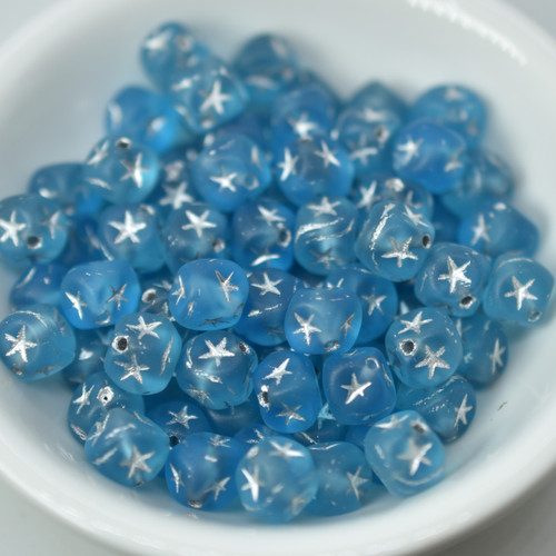 15 Beads - 7mm Cube Silver Star, Matte Aqua - Czech Glass