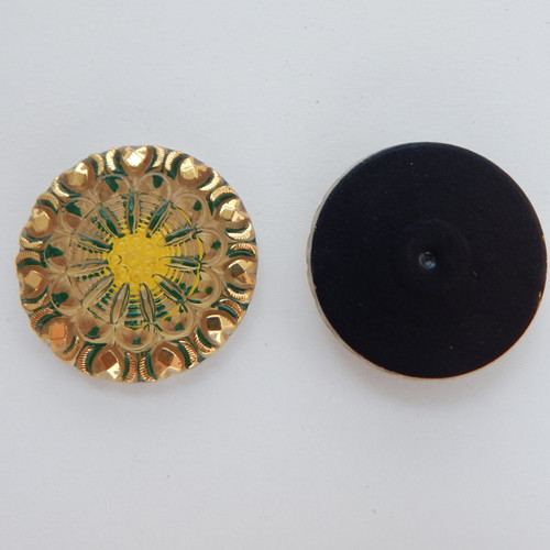 28mm Button Cabochon Green Gold Painted Pressed Czech Glass (1 Piece)