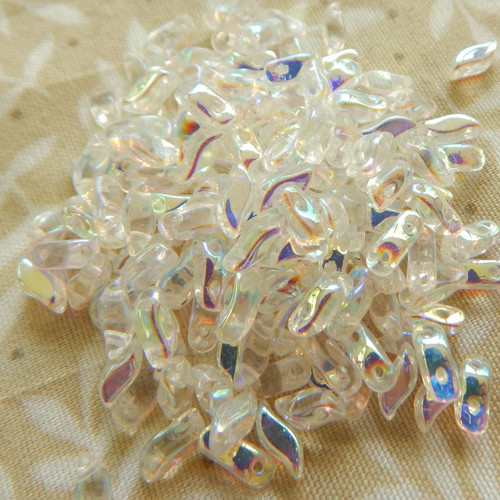 50 Beads - StormDuo 3x7mm 2-Hole S-Shaped Crystal Full AB Czech Glass