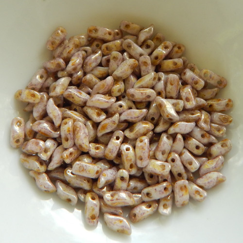 50 Beads - StormDuo 3x7mm 2-Hole S-Shaped Chalk Lilac Gold Luster Czech Glass