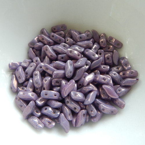 50 Beads - StormDuo 3x7mm 2-Hole S-Shaped Chalk Lilac Vega Luster Czech Glass