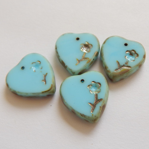 2 Pieces - 16x17mm Heart with Flower pendant, Charm Blue Turquoise Picasso - Czech Glass