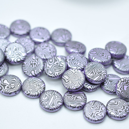 4 Beads - 14mm Coin, 2-Hole, Jet/Violet Laser Contour, Czech Glass