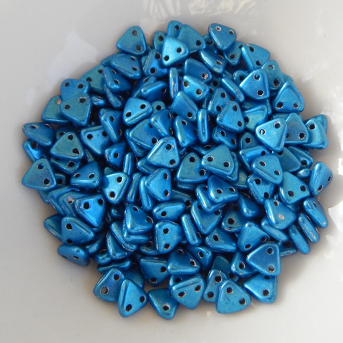 50 Beads - 6mm Triangle, 2-Hole - Saturated Metallic Nebulas Blue - CzechMates Czech Glass