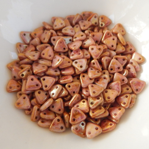 50 Beads - 6mm Triangle, 2-Hole - Opaque Rose Gold Topaz Luster - CzechMates Czech Glass