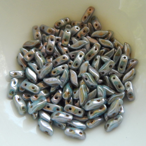 50 Beads - StormDuo 3x7mm 2-Hole S-Shaped Chalk Blue Luster Czech Glass