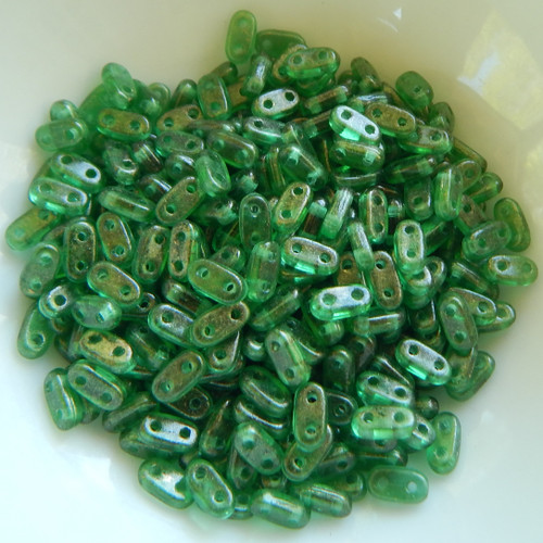 5 grams - CzechMate Bar Bead Gold Marbled Green Emerald - 6x2mm Czech Glass
