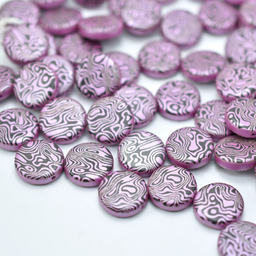 4 Beads - 14mm Coin, 2-Hole, Jet/Black Pink Laser Contour, Czech Glass