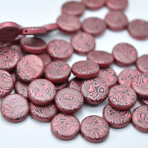 4 Beads - 14mm Coin, 2-Hole, Jet/Red Laser Contour, Czech Glass