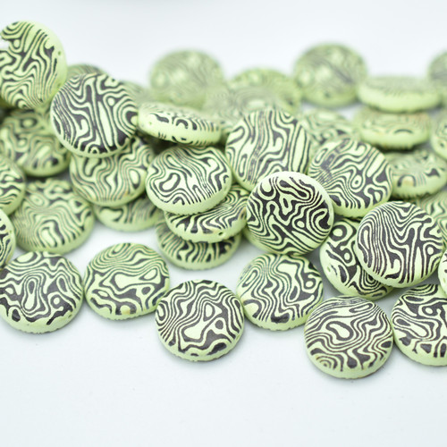 4 Beads - 14mm Coin, 2-Hole, Jet/Black Light Green Laser Contour, Czech Glass